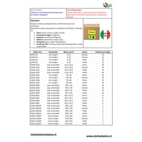 Etichette arancio fluo con angoli arrotondati TICO Copy Laser 99,1x67,7 mm 8 et./foglio - conf. 70 fogli LP4FA-9967